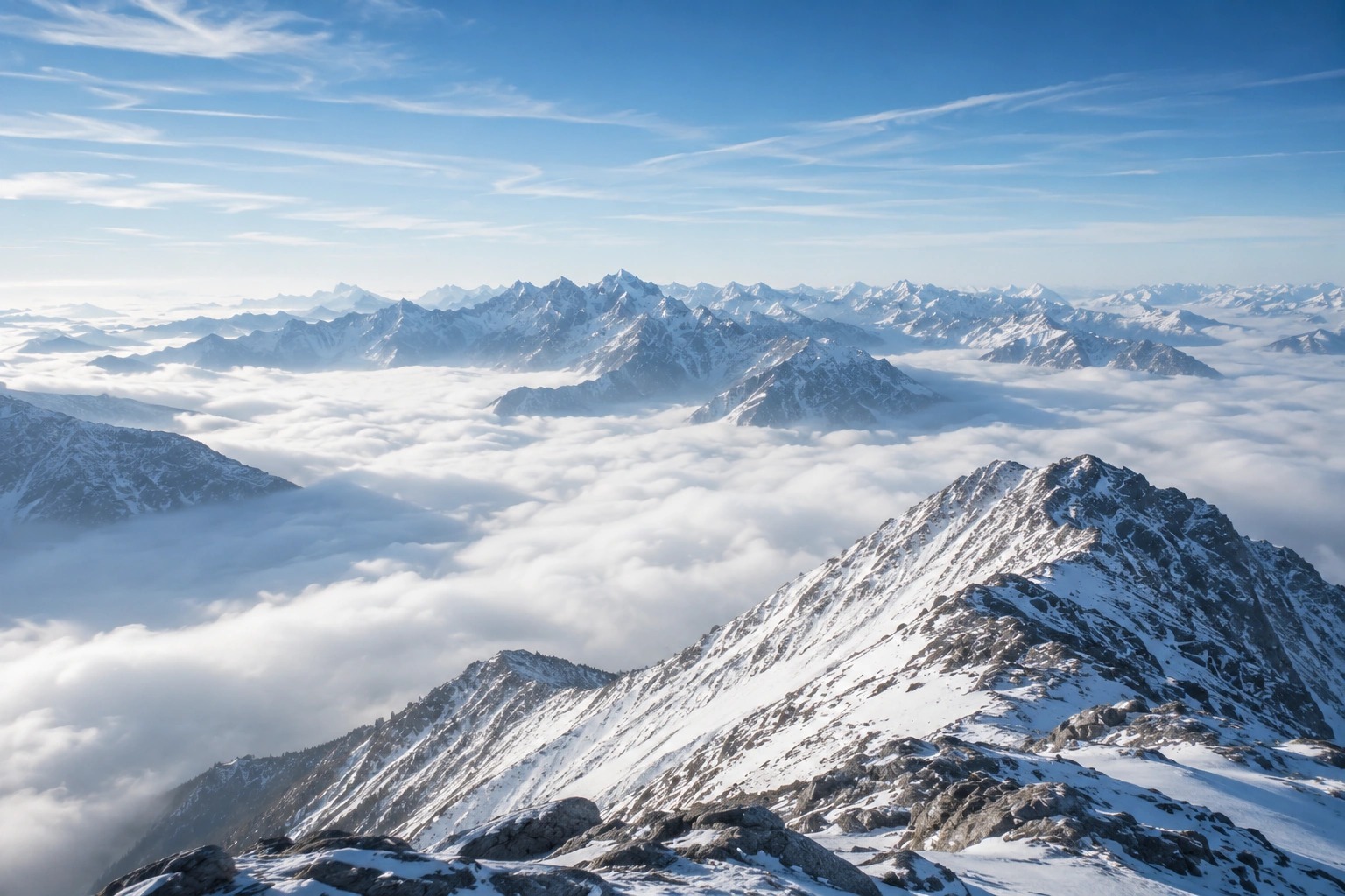  Snow-covered mountain ridge above the clouds, symbolizing perspective, clarity and ambition