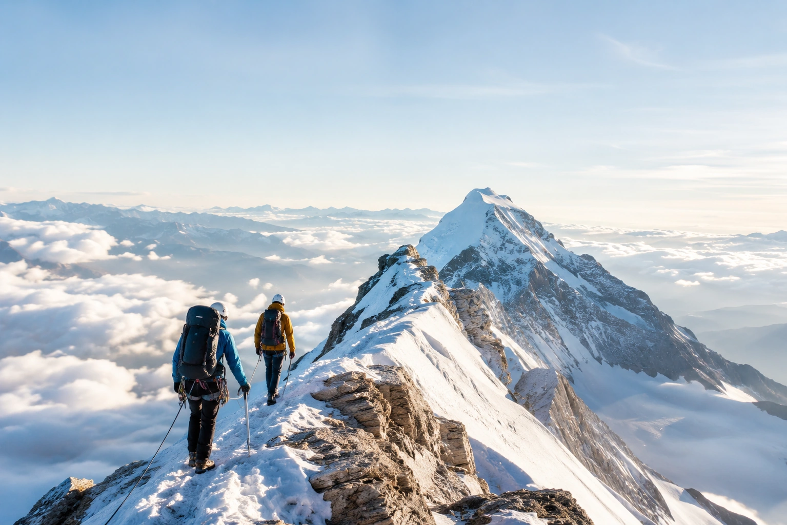 Experienced mountain guide leading a climber toward a summit