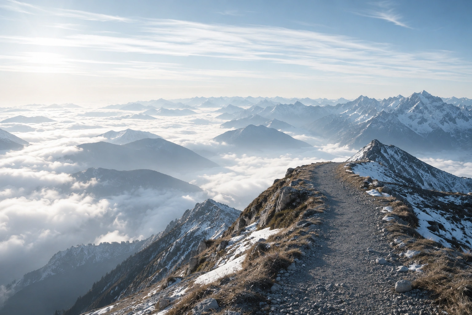 Mountain pathway above the clouds symbolising direction and progress